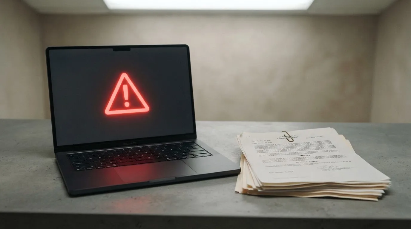 A red triangular warning sign icon on a laptop screen next to a stack of legal papers, symbolising an official caution rather than any specific website.