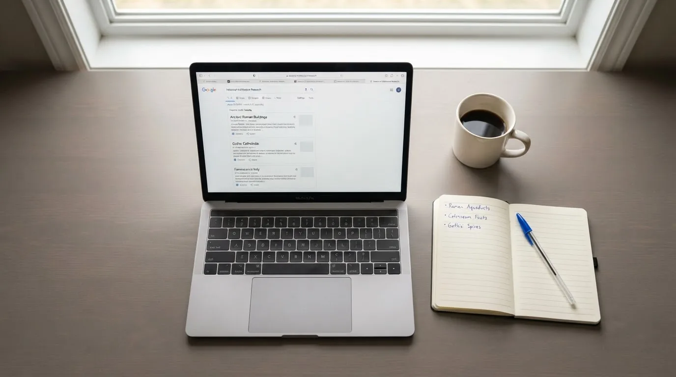 A tidy desk with a laptop open on a plain search-results page, a notebook and a coffee cup beside it, no screens showing any casino branding.