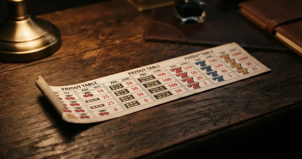 A printed strip of generic slot symbols and payout numbers laid on a desk, like a reference chart rather than a live game.