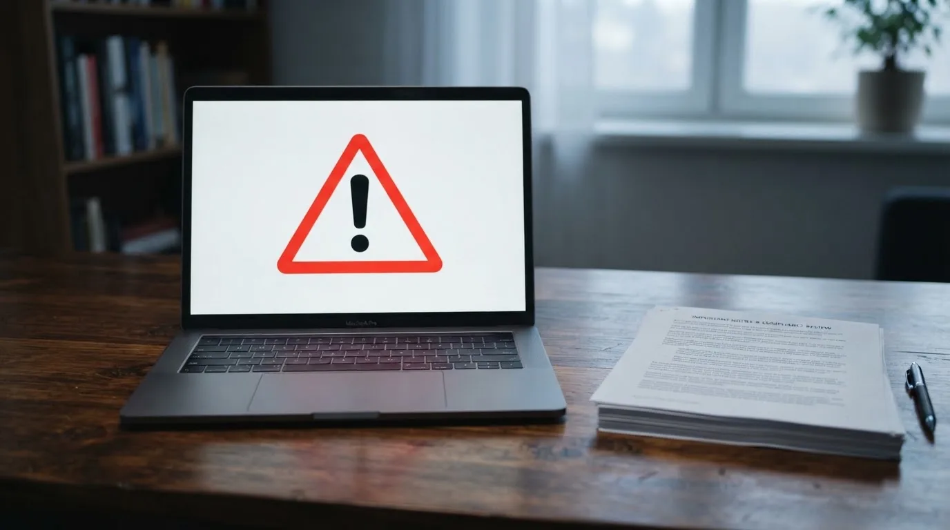 A red triangular warning sign icon on a laptop screen next to a stack of legal papers, symbolising an official caution rather than any specific website.