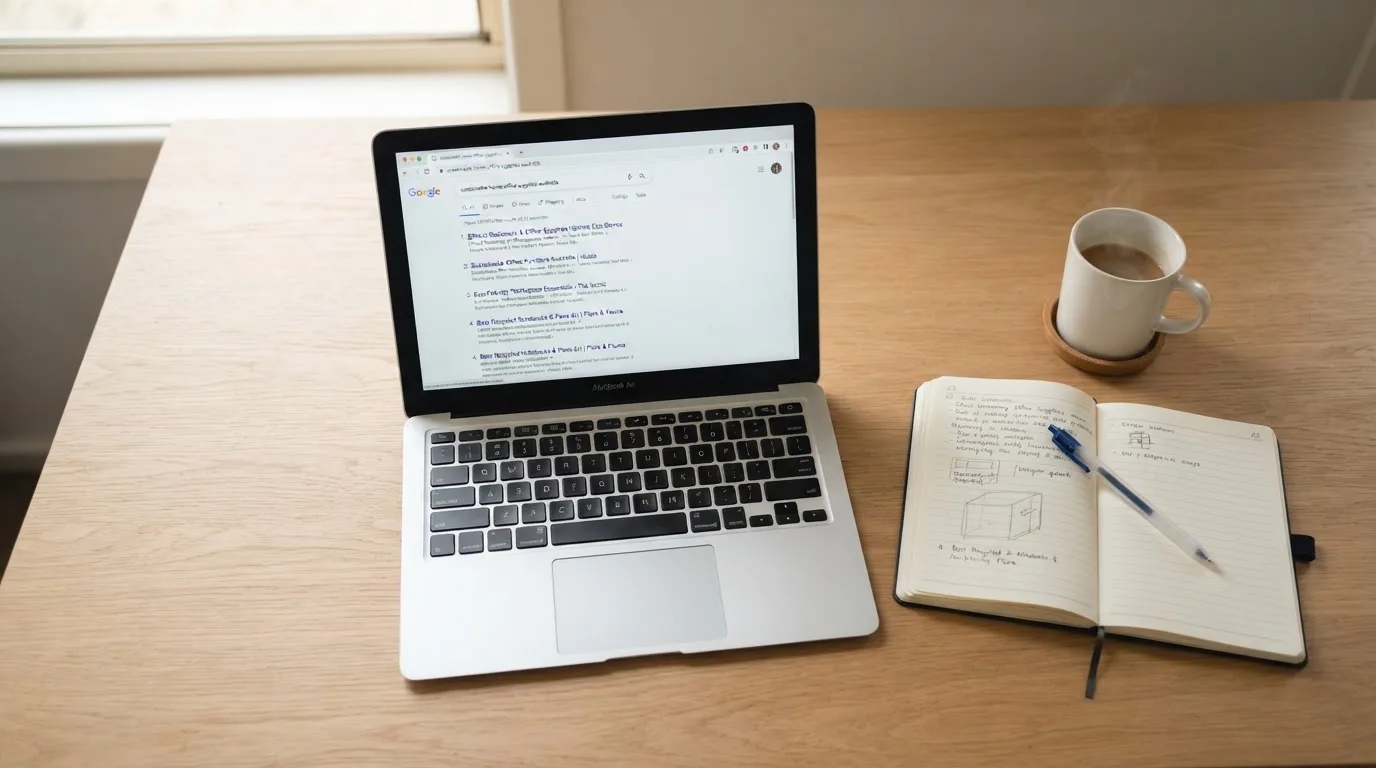 A tidy desk with a laptop open on a plain search-results page, a notebook and a coffee cup beside it, no screens showing any casino branding.