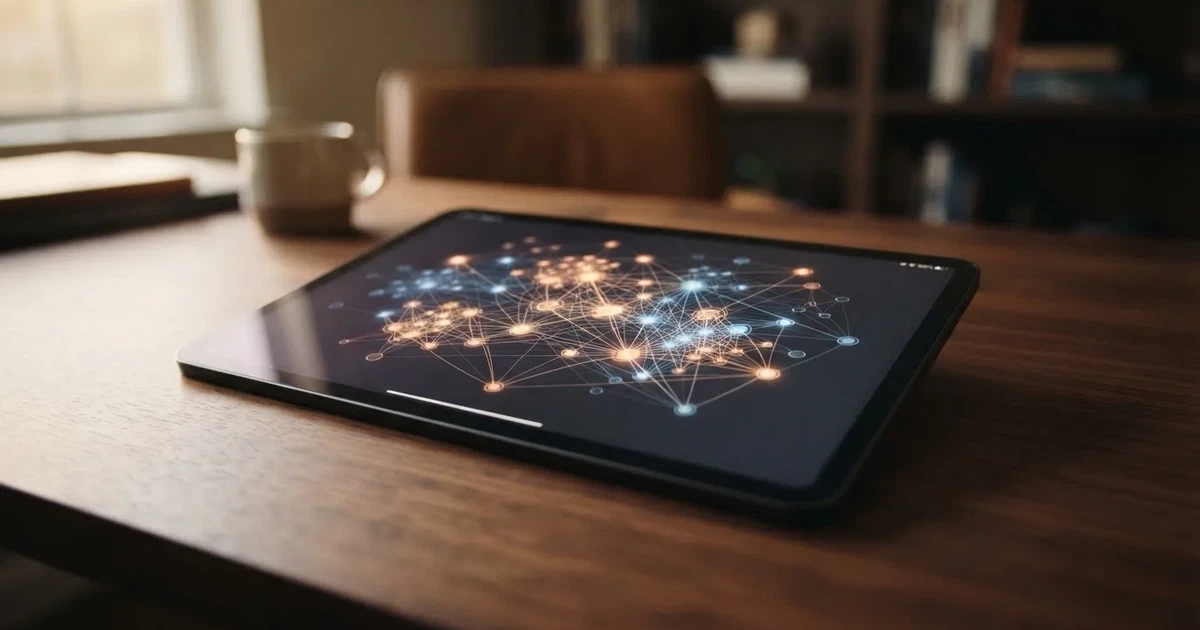 A network of glowing connected nodes displayed on a tablet screen, representing a distributed ledger diagram.