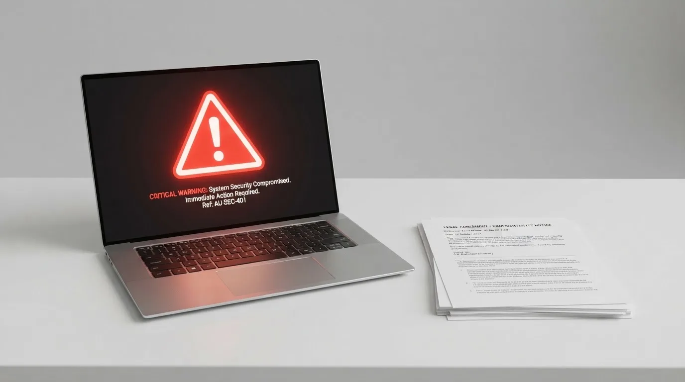 A red triangular warning sign icon on a laptop screen next to a stack of legal papers, symbolising an official caution rather than any specific website.