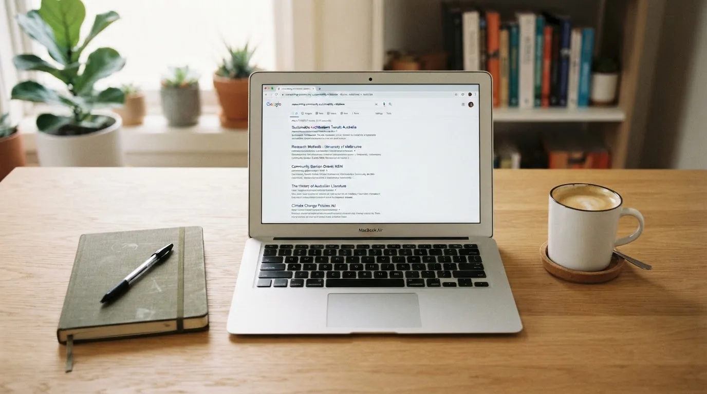 A tidy desk with a laptop open on a plain search-results page, a notebook and a coffee cup beside it, no screens showing any casino branding.