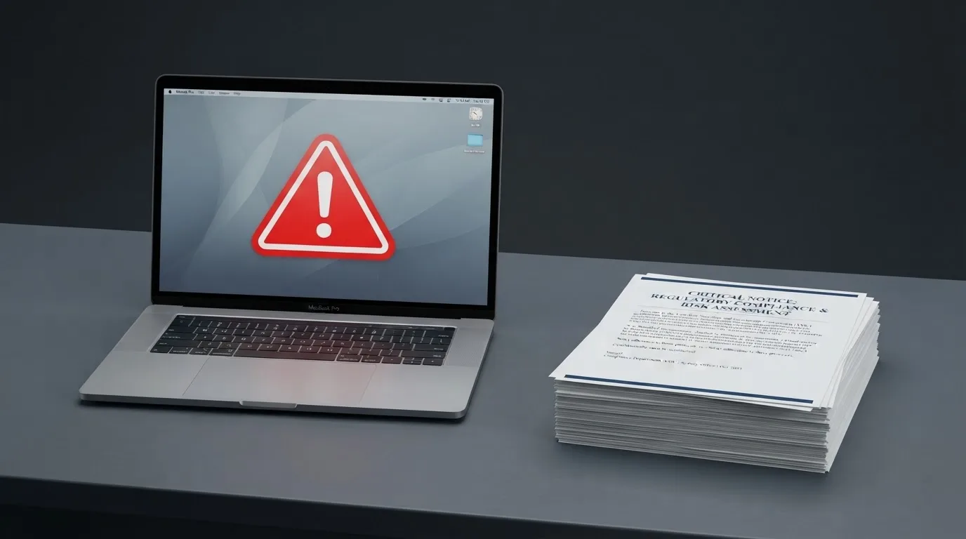A red triangular warning sign icon on a laptop screen next to a stack of legal papers, symbolising an official caution rather than any specific website.