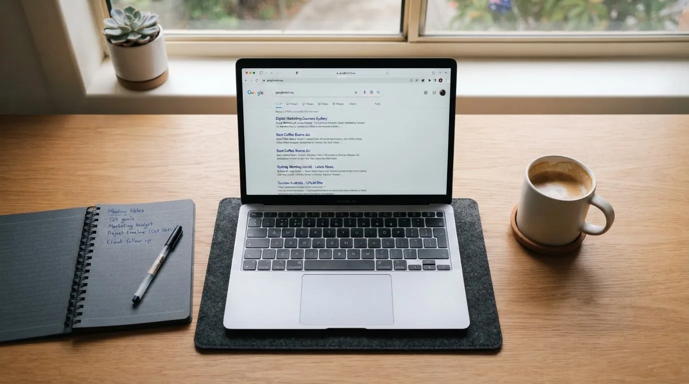 A tidy desk with a laptop open on a plain search-results page, a notebook and a coffee cup beside it, no screens showing any casino branding.
