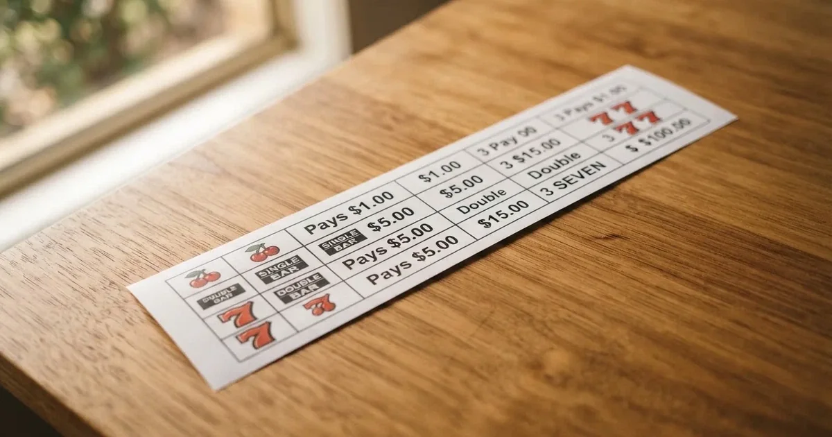 A printed strip of generic slot symbols and payout numbers laid on a desk, like a reference chart rather than a live game.