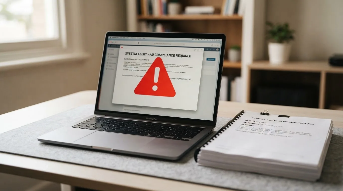 A red triangular warning sign icon on a laptop screen next to a stack of legal papers, symbolising an official caution rather than any specific website.
