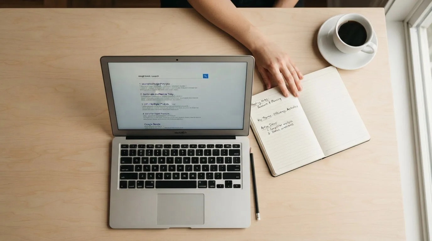 A tidy desk with a laptop open on a plain search-results page, a notebook and a coffee cup beside it, no screens showing any casino branding.