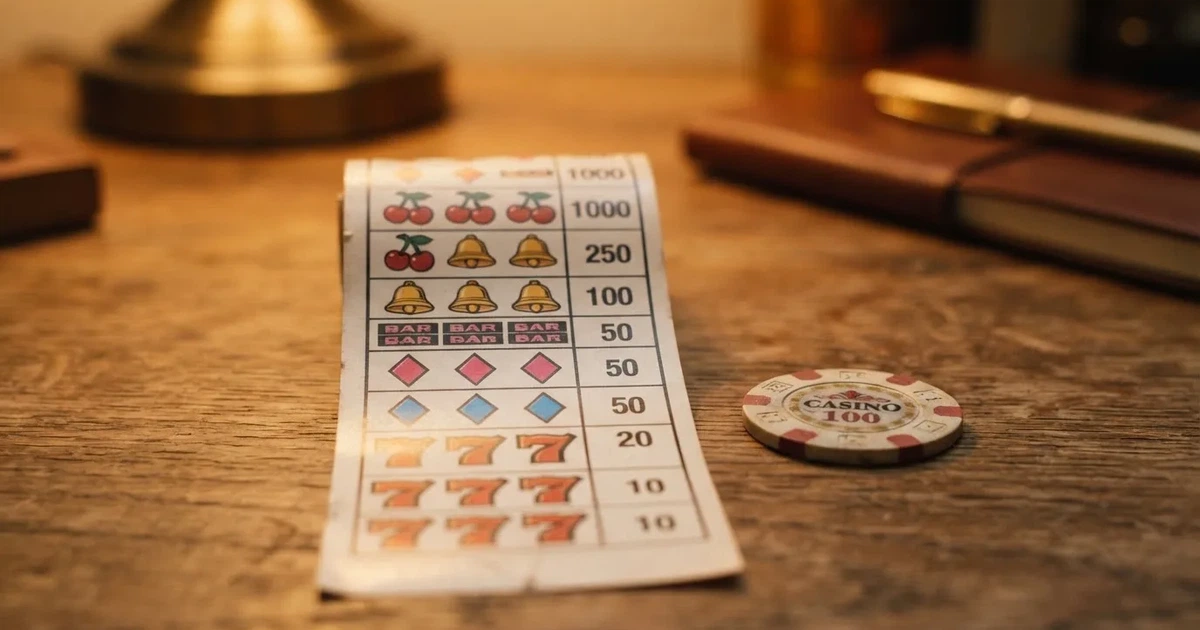 A printed strip of generic slot symbols and payout numbers laid on a desk, like a reference chart rather than a live game.