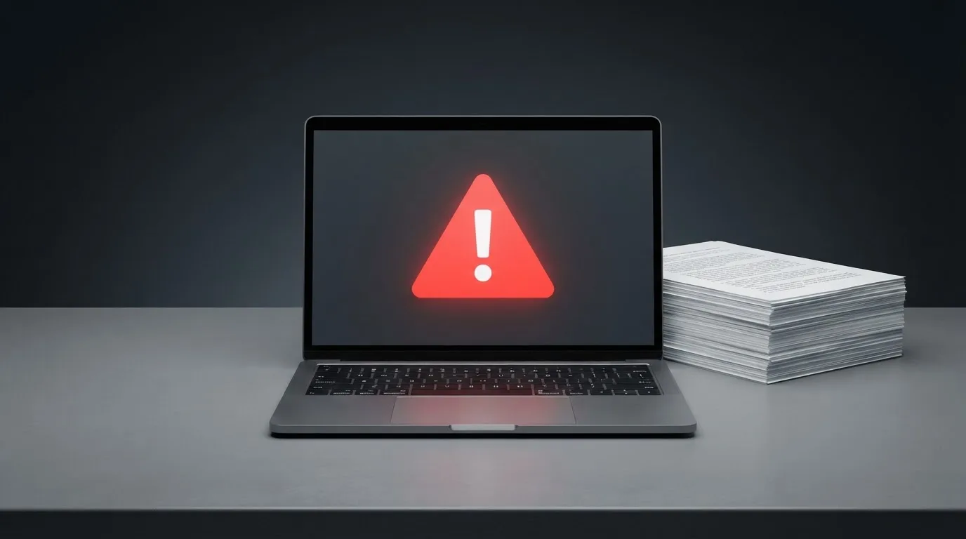 A red triangular warning sign icon on a laptop screen next to a stack of legal papers, symbolising an official caution rather than any specific website.