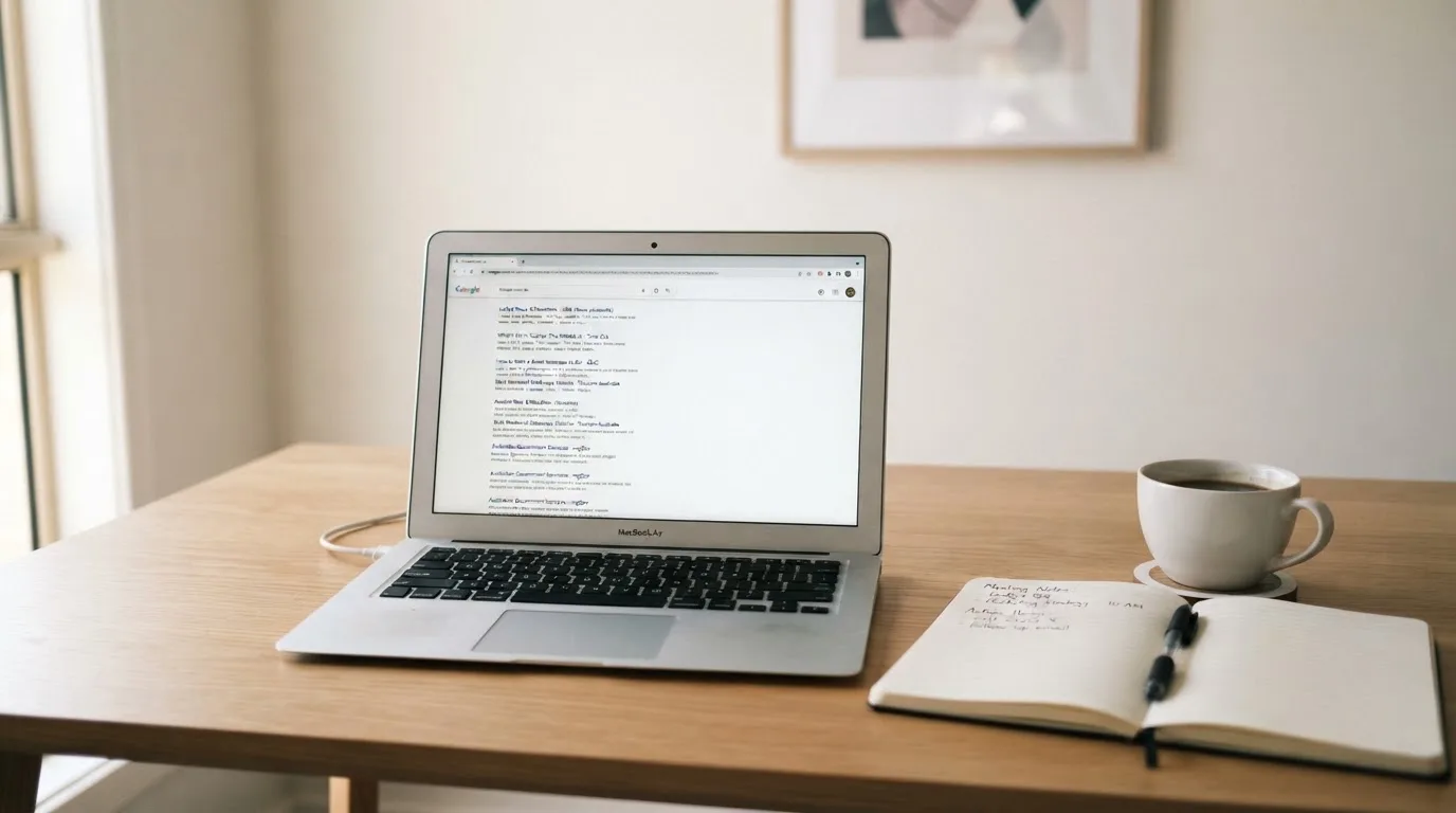 A tidy desk with a laptop open on a plain search-results page, a notebook and a coffee cup beside it, no screens showing any casino branding.