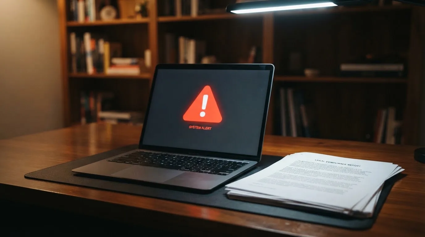 A red triangular warning sign icon on a laptop screen next to a stack of legal papers, symbolising an official caution rather than any specific website.