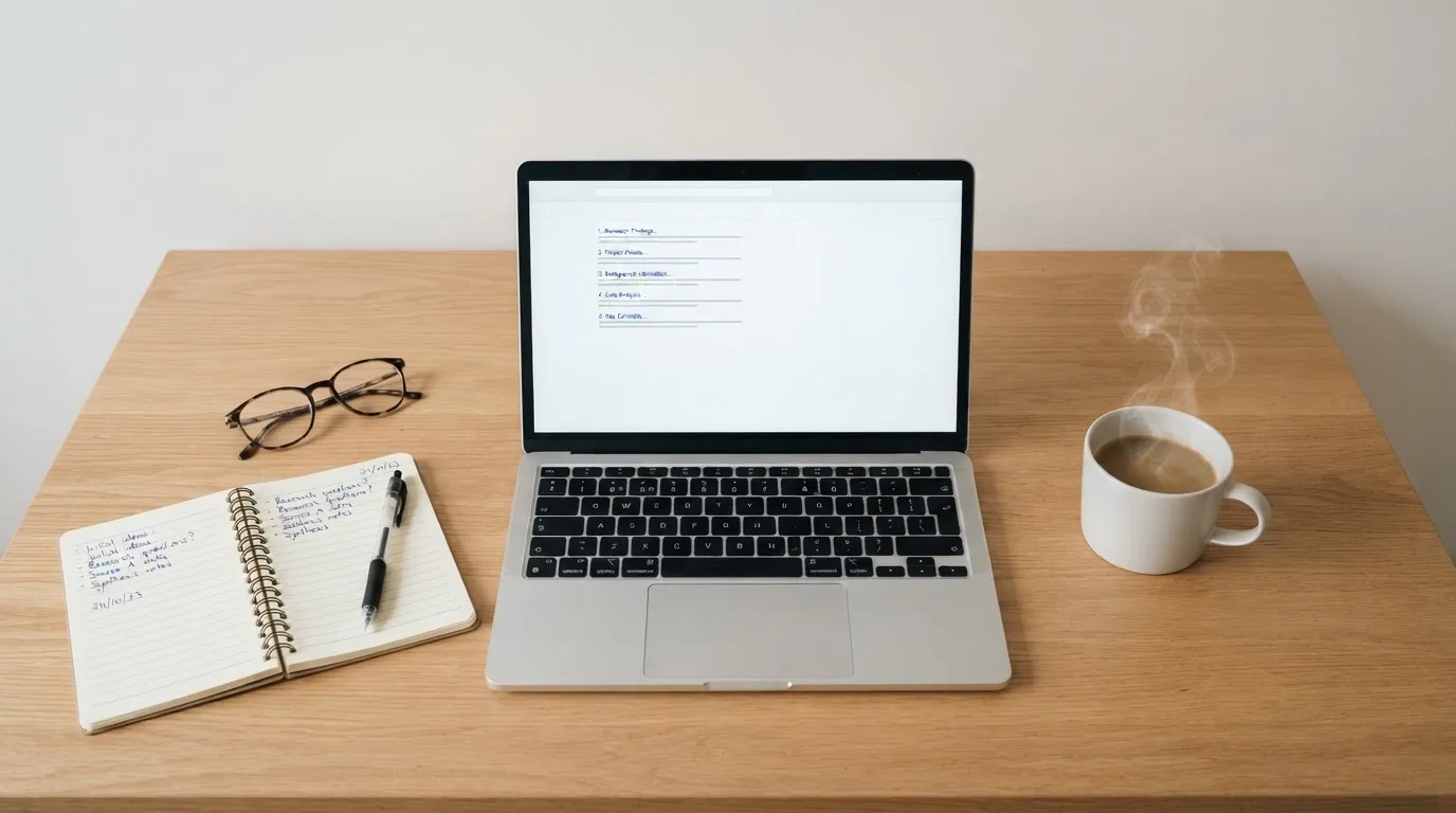 A tidy desk with a laptop open on a plain search-results page, a notebook and a coffee cup beside it, no screens showing any casino branding.
