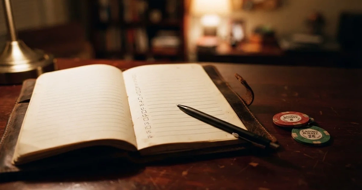 A notepad with a numbered list of blank lines and checkboxes, pen resting on top, suggesting a comparison in progress.