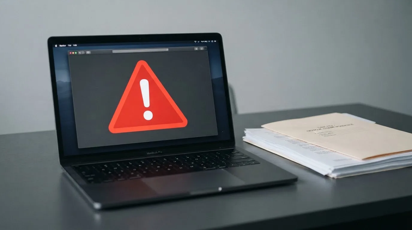 A red triangular warning sign icon on a laptop screen next to a stack of legal papers, symbolising an official caution rather than any specific website.