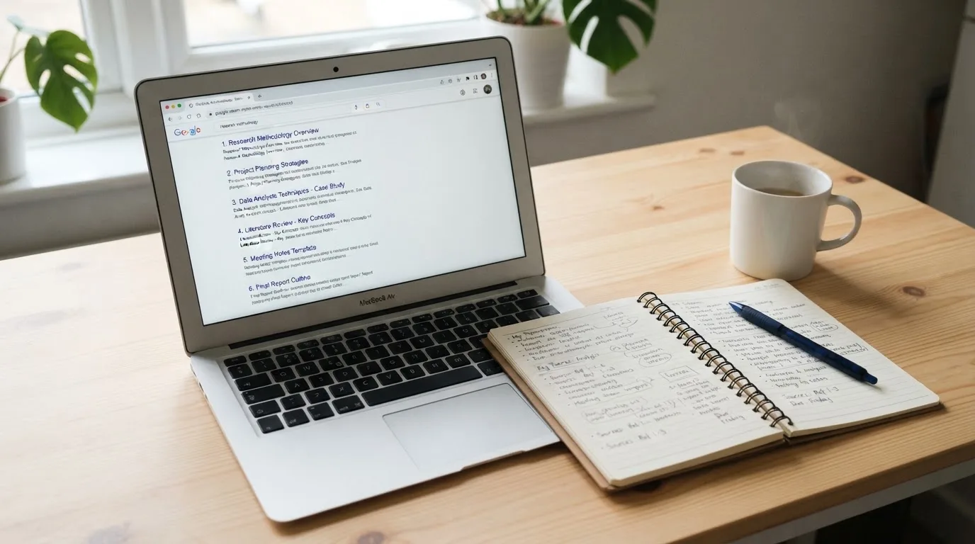 A tidy desk with a laptop open on a plain search-results page, a notebook and a coffee cup beside it, no screens showing any casino branding.