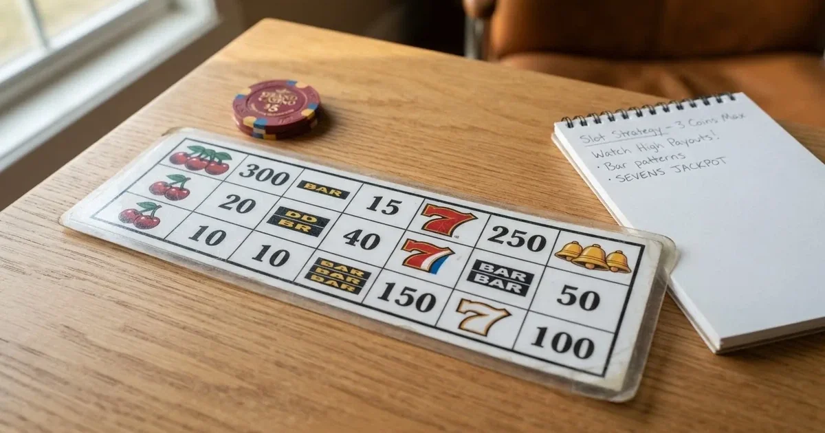 A printed strip of generic slot symbols and payout numbers laid on a desk, like a reference chart rather than a live game.