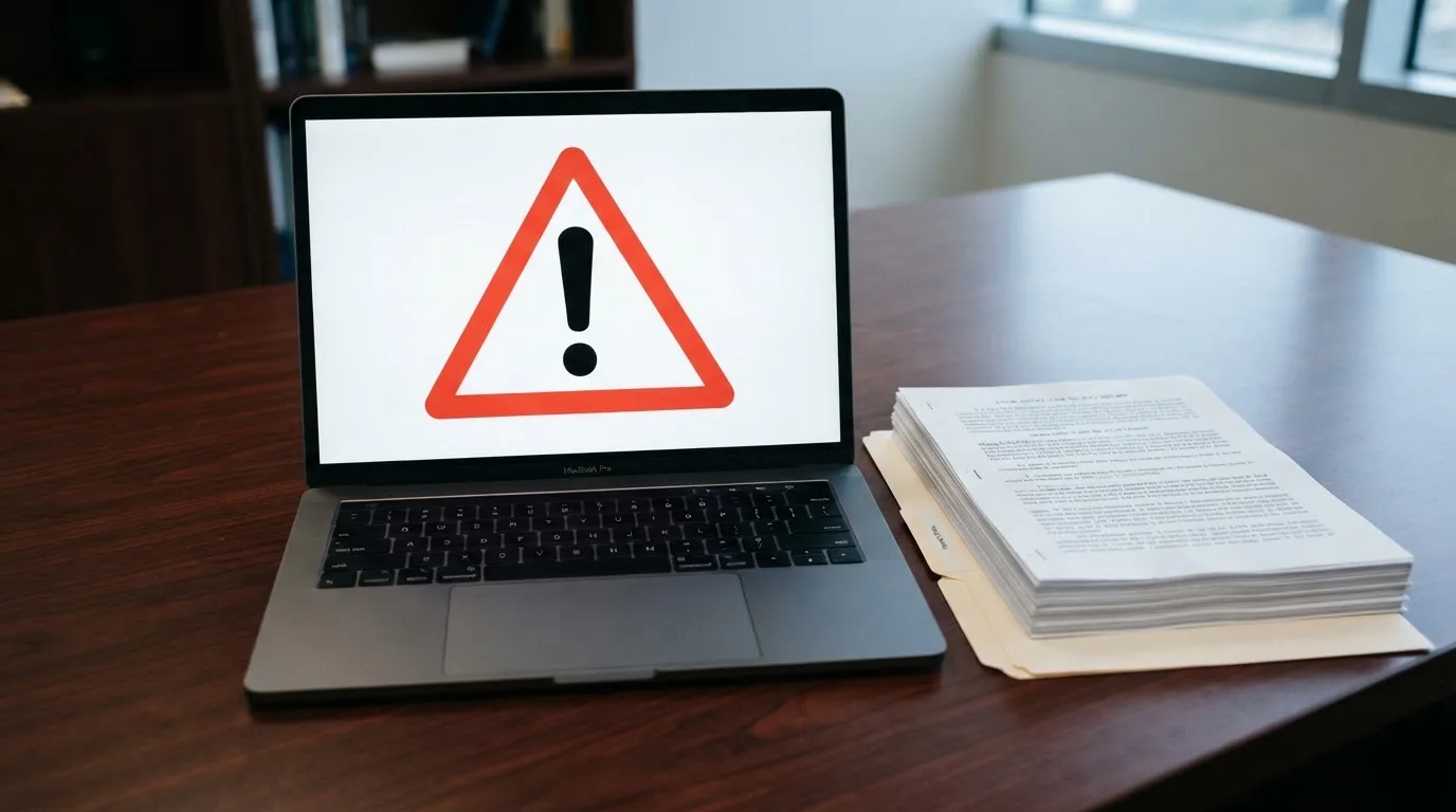 A red triangular warning sign icon on a laptop screen next to a stack of legal papers, symbolising an official caution rather than any specific website.