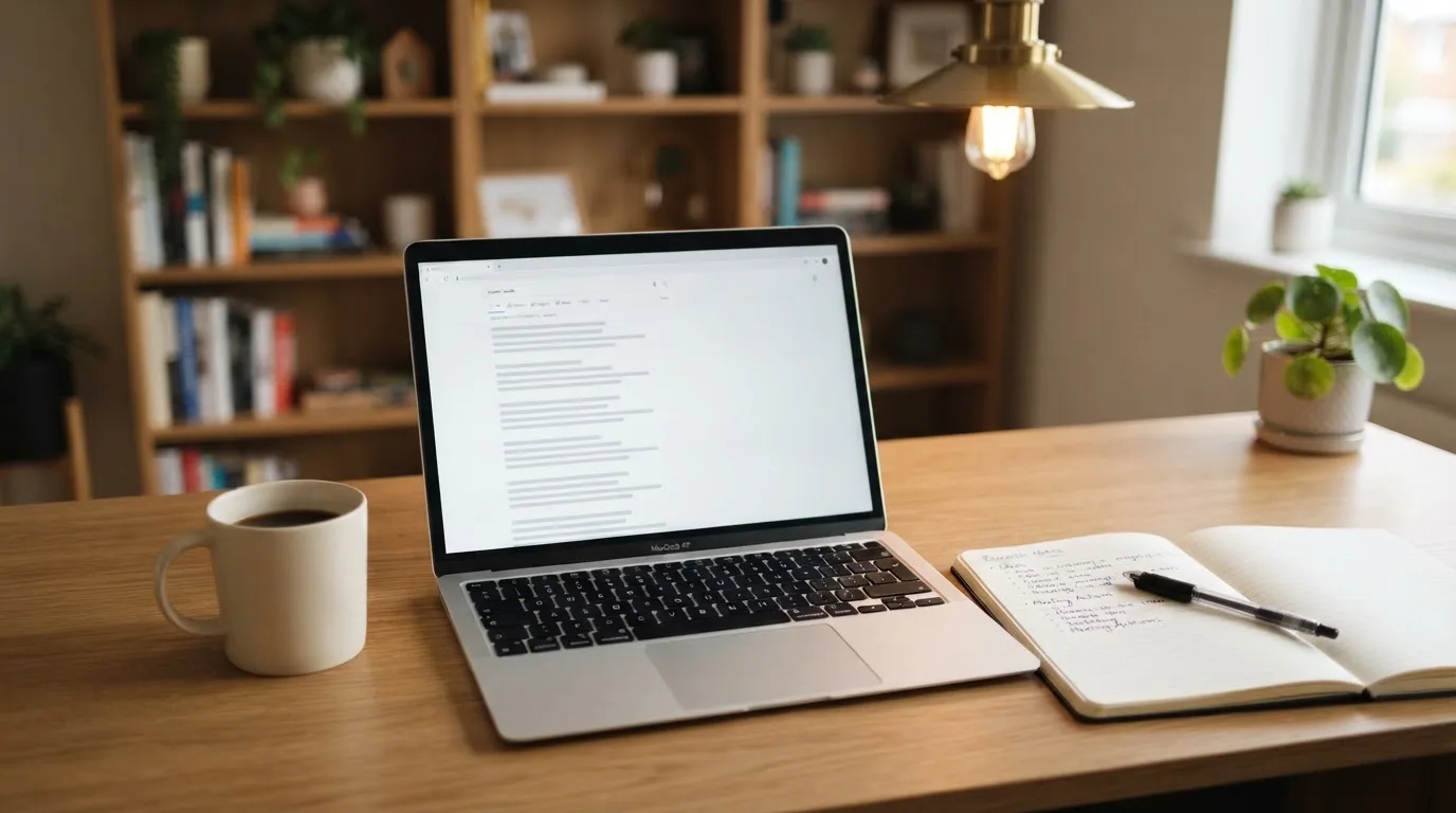 A tidy desk with a laptop open on a plain search-results page, a notebook and a coffee cup beside it, no screens showing any casino branding.