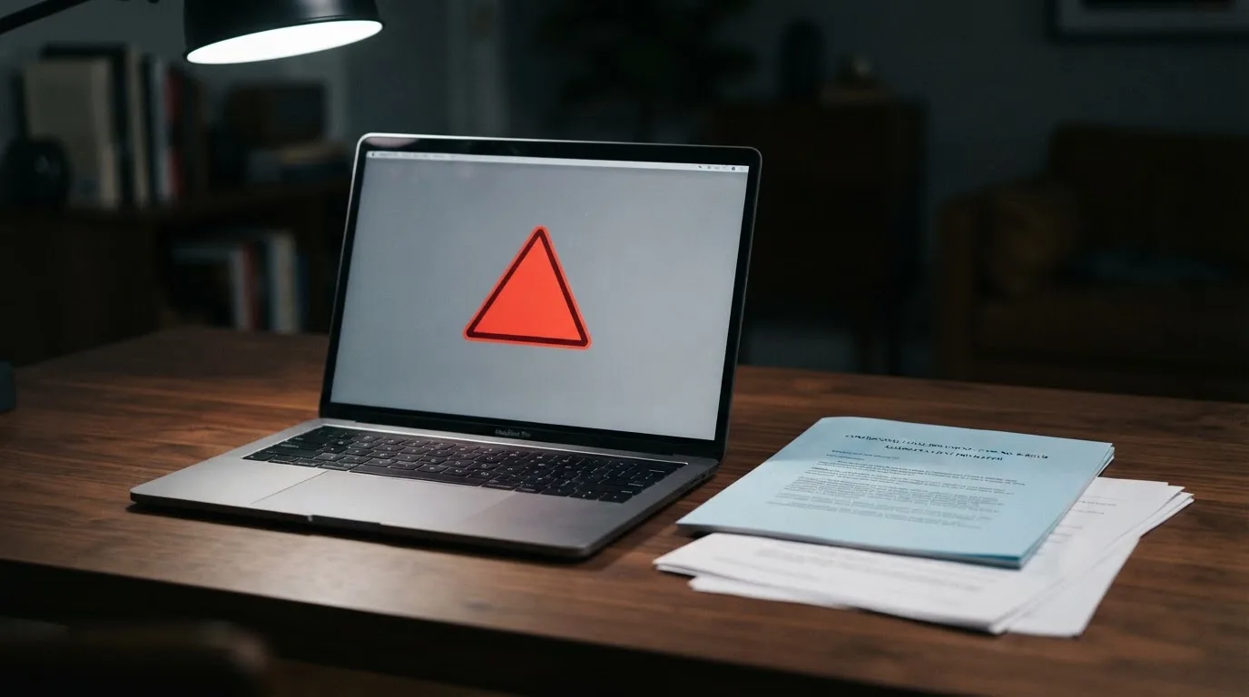 A red triangular warning sign icon on a laptop screen next to a stack of legal papers, symbolising an official caution rather than any specific website.