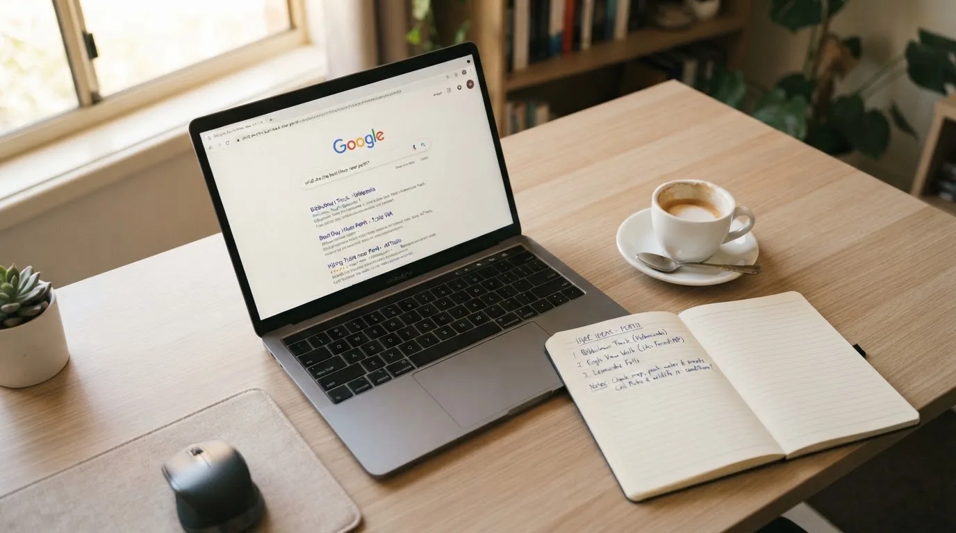 A tidy desk with a laptop open on a plain search-results page, a notebook and a coffee cup beside it, no screens showing any casino branding.