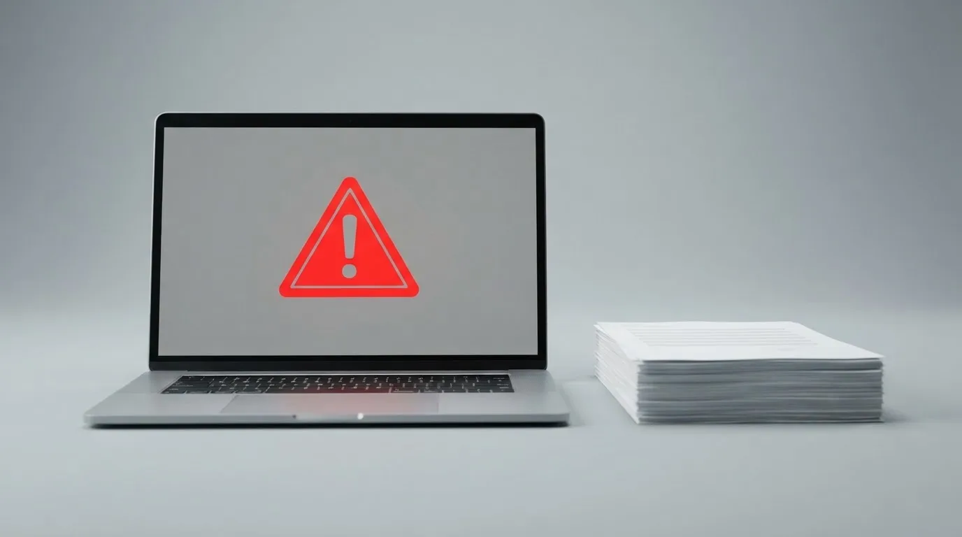 A red triangular warning sign icon on a laptop screen next to a stack of legal papers, symbolising an official caution rather than any specific website.
