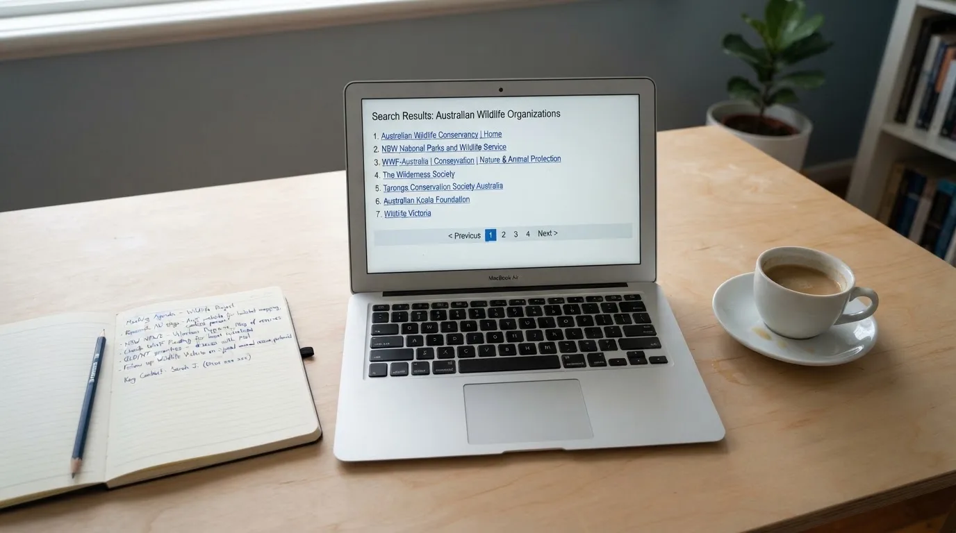 A tidy desk with a laptop open on a plain search-results page, a notebook and a coffee cup beside it, no screens showing any casino branding.