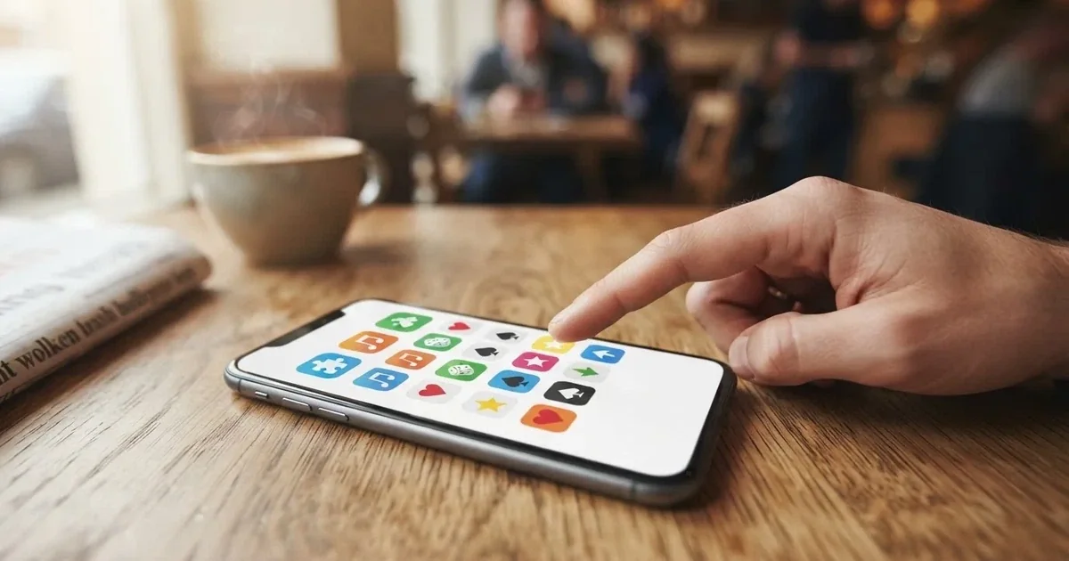 A hand tapping a smartphone screen showing generic app icons, none of them branded.