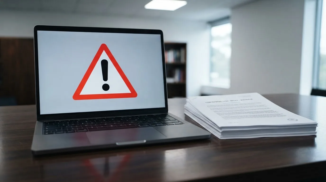 A red triangular warning sign icon on a laptop screen next to a stack of legal papers, symbolising an official caution rather than any specific website.