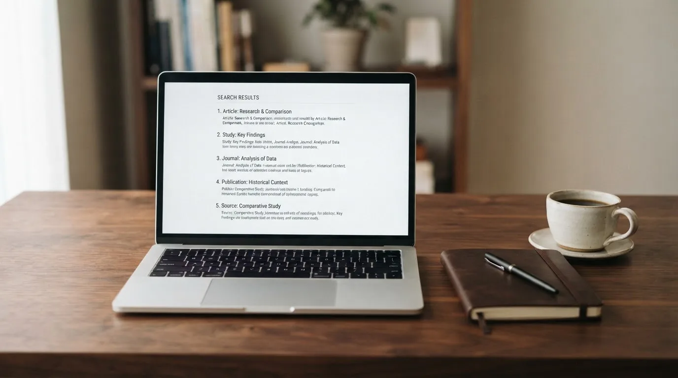 A tidy desk with a laptop open on a plain search-results page, a notebook and a coffee cup beside it, no screens showing any casino branding.