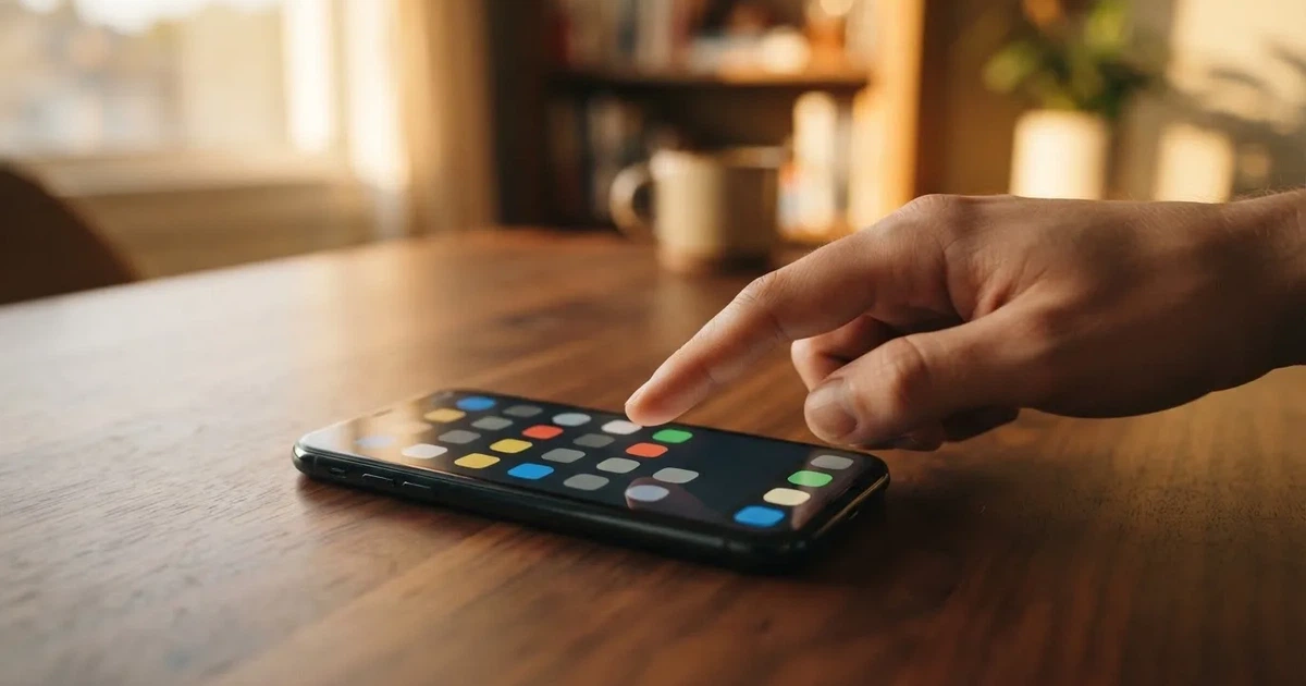 A hand tapping a smartphone screen showing generic app icons, none of them branded.