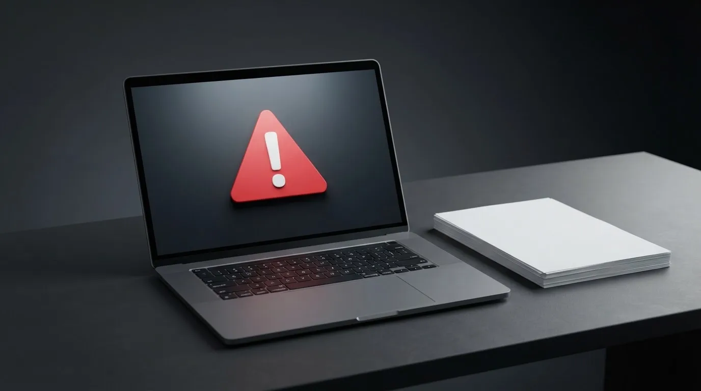 A red triangular warning sign icon on a laptop screen next to a stack of legal papers, symbolising an official caution rather than any specific website.