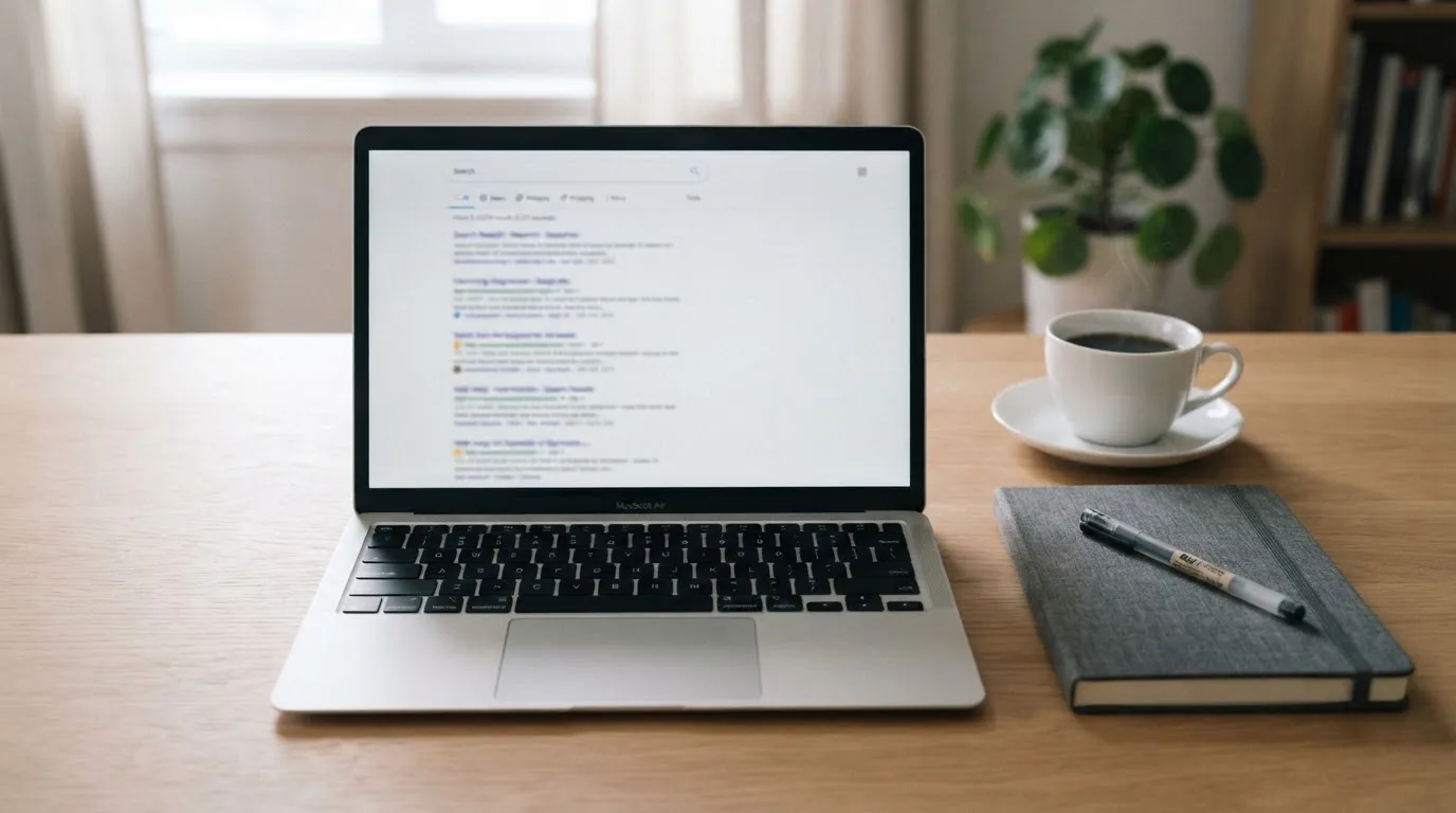 A tidy desk with a laptop open on a plain search-results page, a notebook and a coffee cup beside it, no screens showing any casino branding.