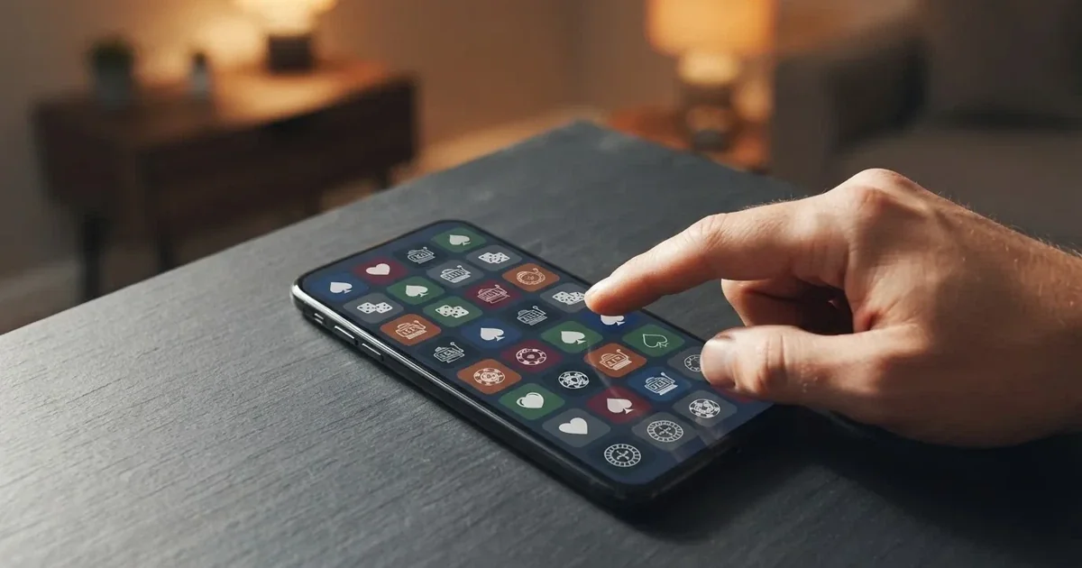 A hand tapping a smartphone screen showing generic app icons, none of them branded.