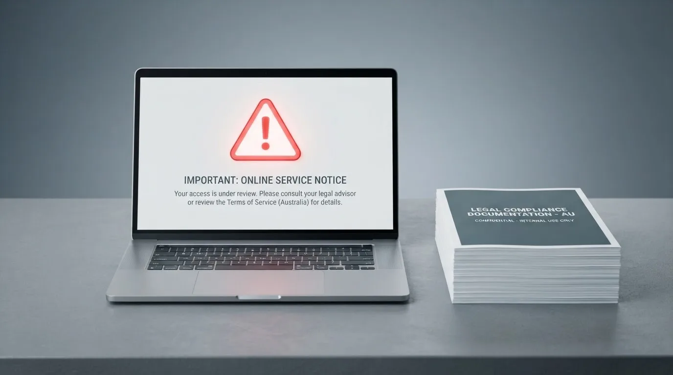 A red triangular warning sign icon on a laptop screen next to a stack of legal papers, symbolising an official caution rather than any specific website.