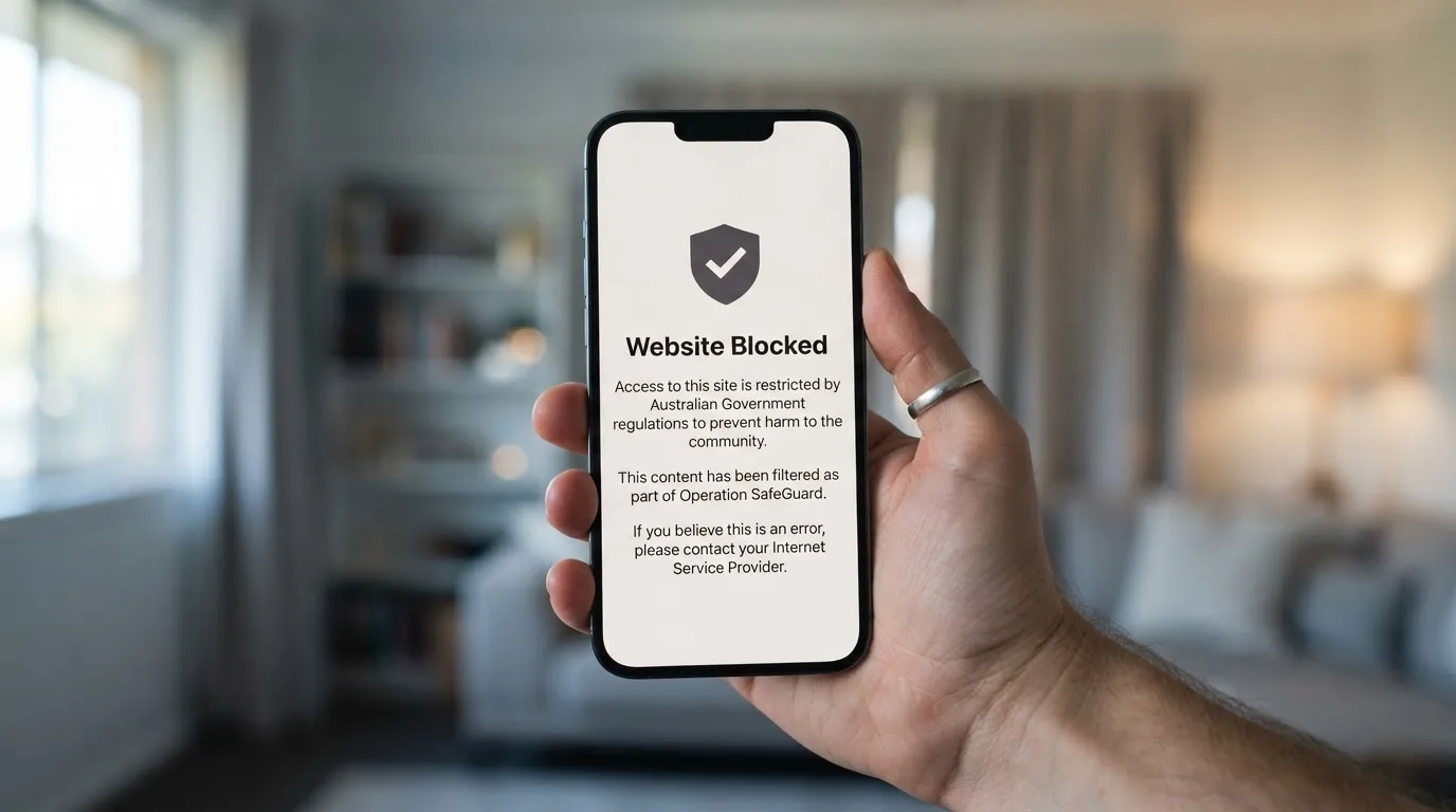A smartphone screen showing a plain government warning notice about a blocked website, held against a blurred background.