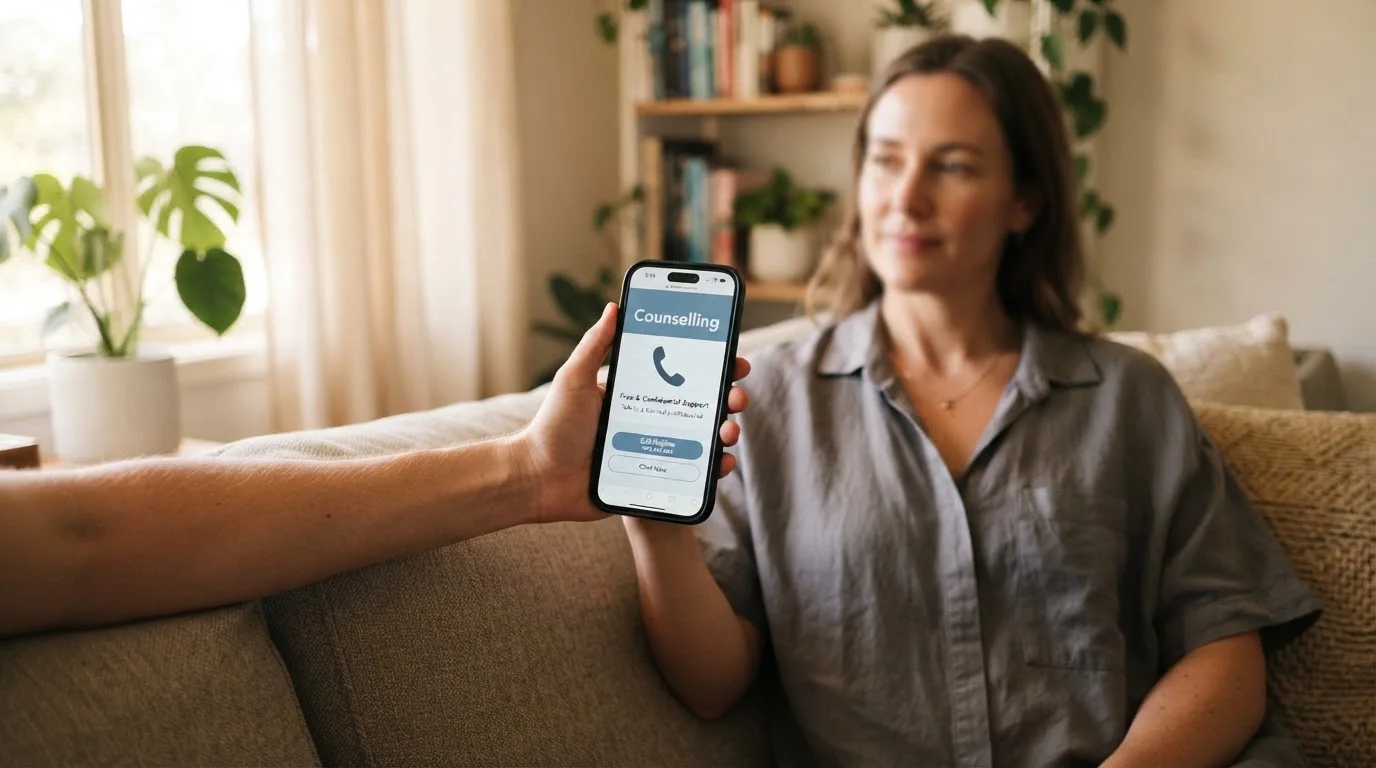 A person sitting calmly with a phone open to a support helpline page, no gaming screen visible.