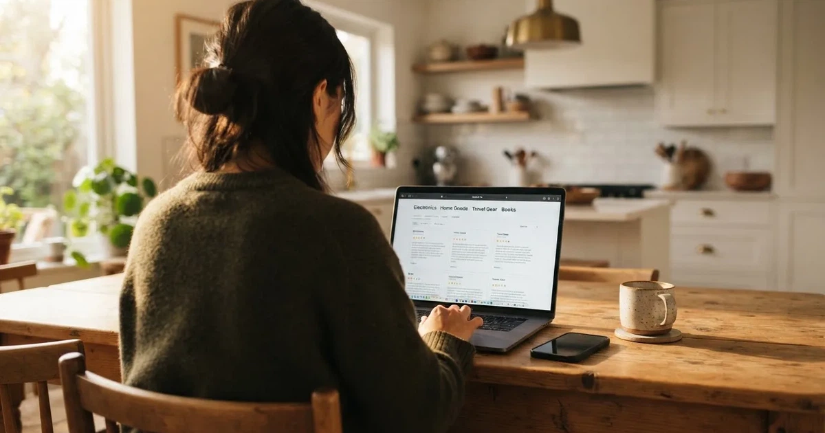 A person at a kitchen table scrolling through review pages on a laptop, phone face-down beside them.