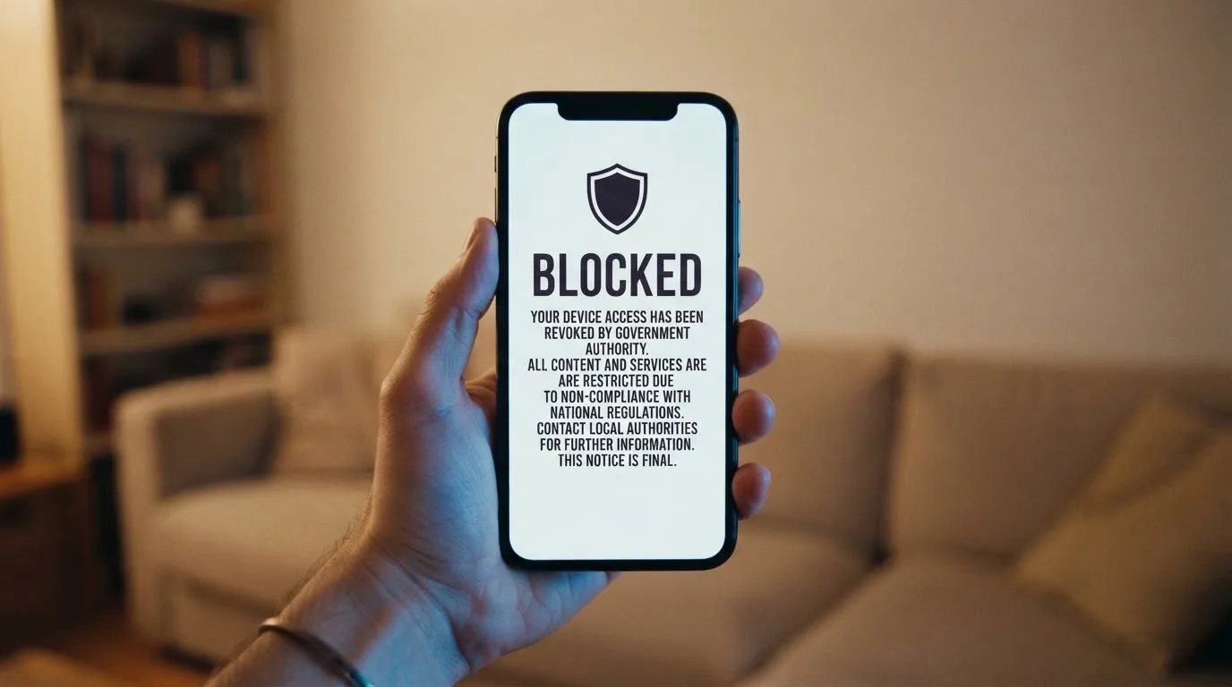 A smartphone screen showing a plain government warning notice about a blocked website, held against a blurred background.