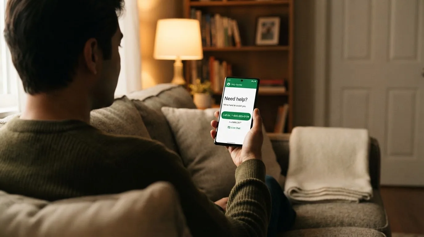 A person sitting calmly with a phone open to a support helpline page, no gaming screen visible.