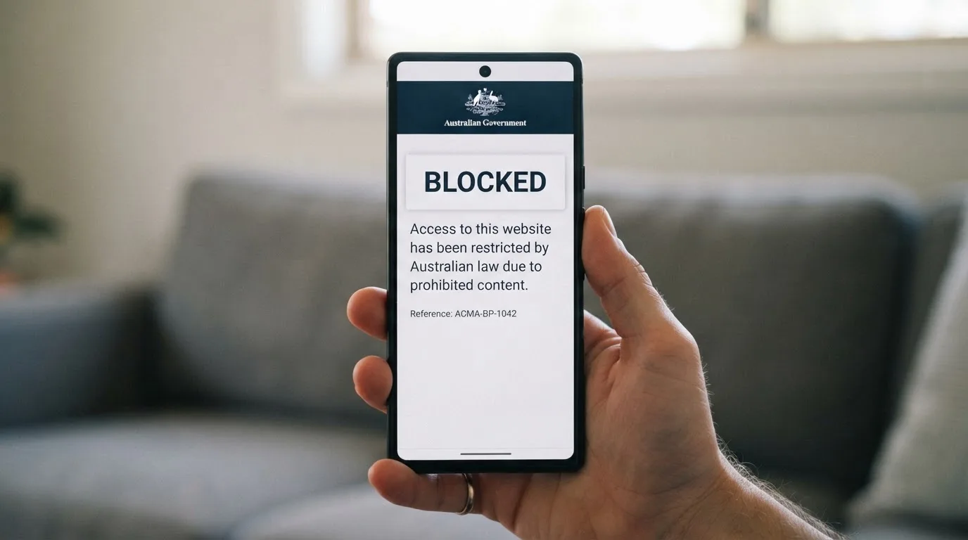 A smartphone screen showing a plain government warning notice about a blocked website, held against a blurred background.