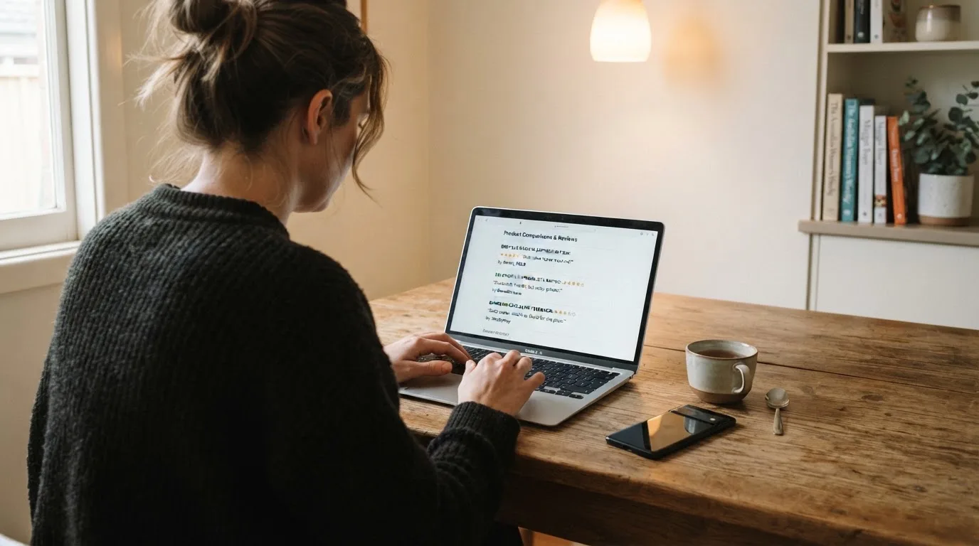 A person at a kitchen table scrolling through review pages on a laptop, phone face-down beside them.