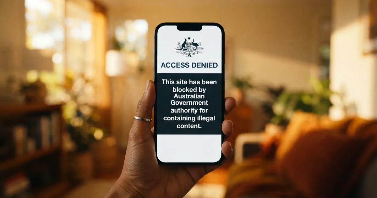 A smartphone screen showing a plain government warning notice about a blocked website, held against a blurred background.