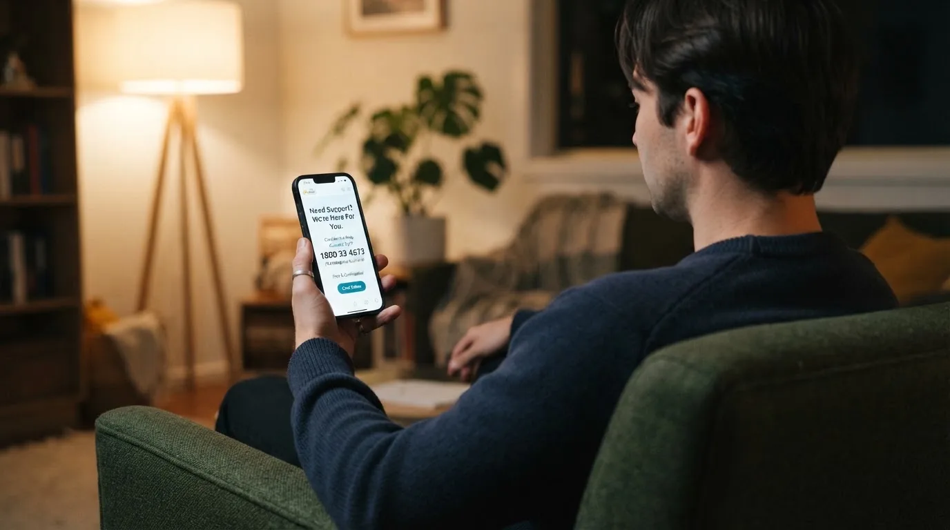 A person sitting calmly with a phone open to a support helpline page, no gaming screen visible.