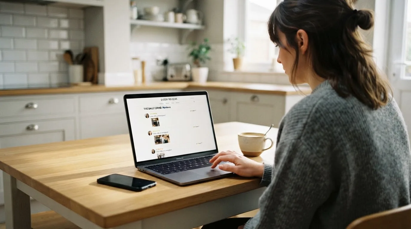 A person at a kitchen table scrolling through review pages on a laptop, phone face-down beside them.