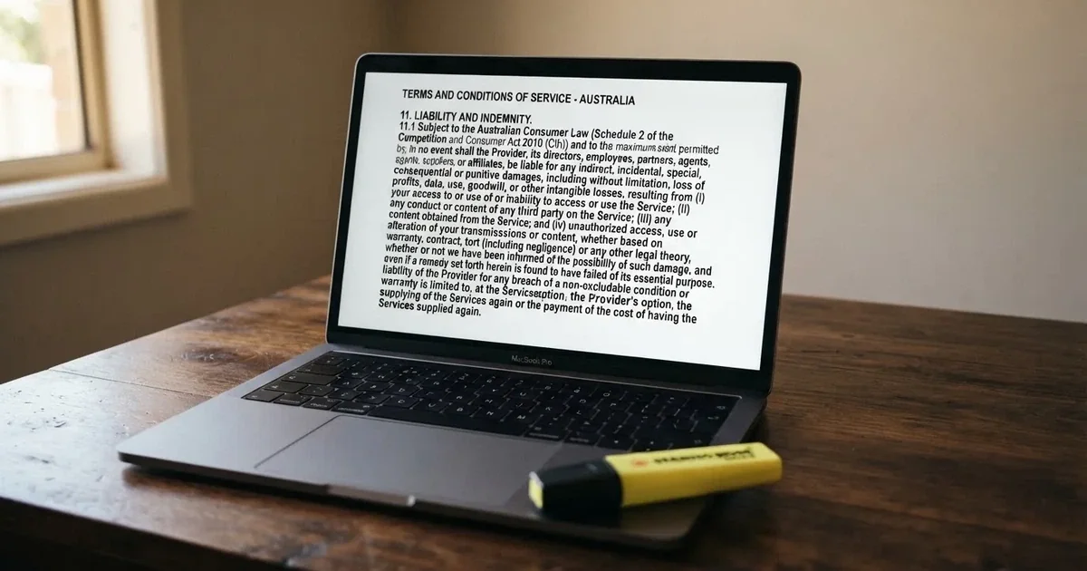 A laptop screen showing a page of terms and conditions text with a highlighter resting nearby.