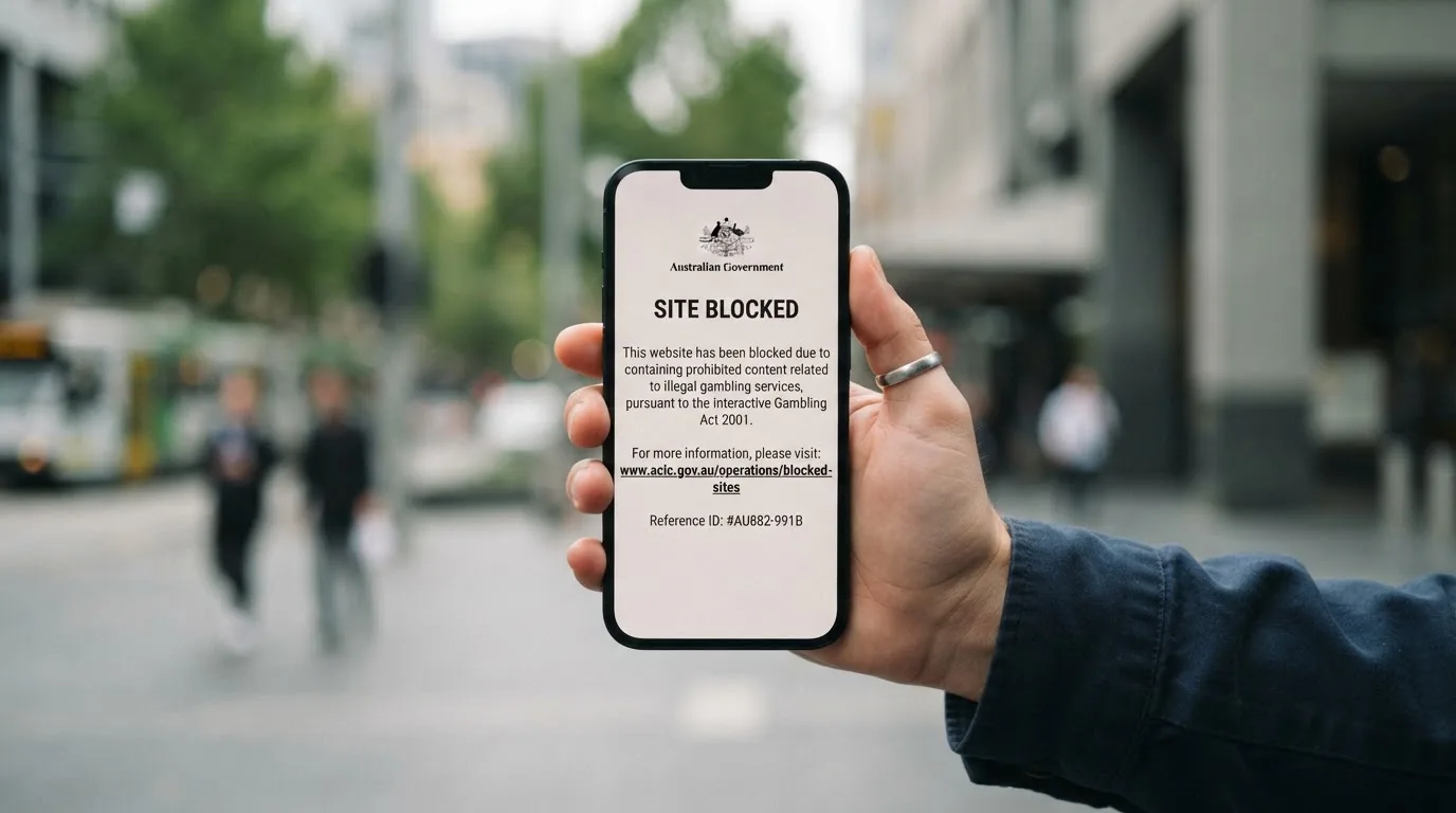 A smartphone screen showing a plain government warning notice about a blocked website, held against a blurred background.