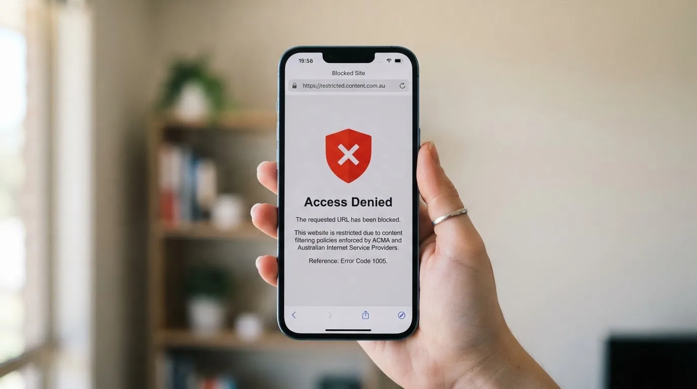 A smartphone screen showing a plain government warning notice about a blocked website, held against a blurred background.