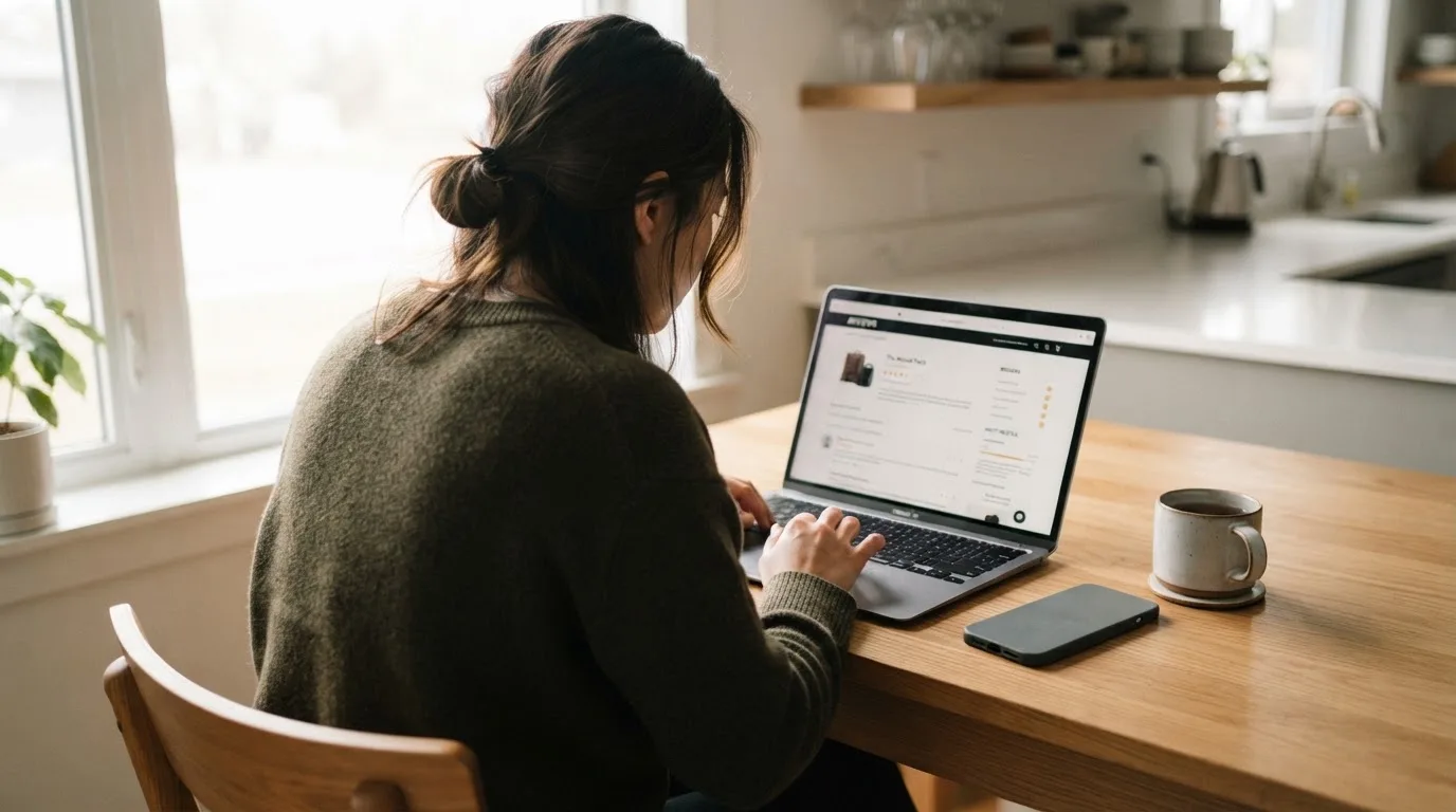 A person at a kitchen table scrolling through review pages on a laptop, phone face-down beside them.